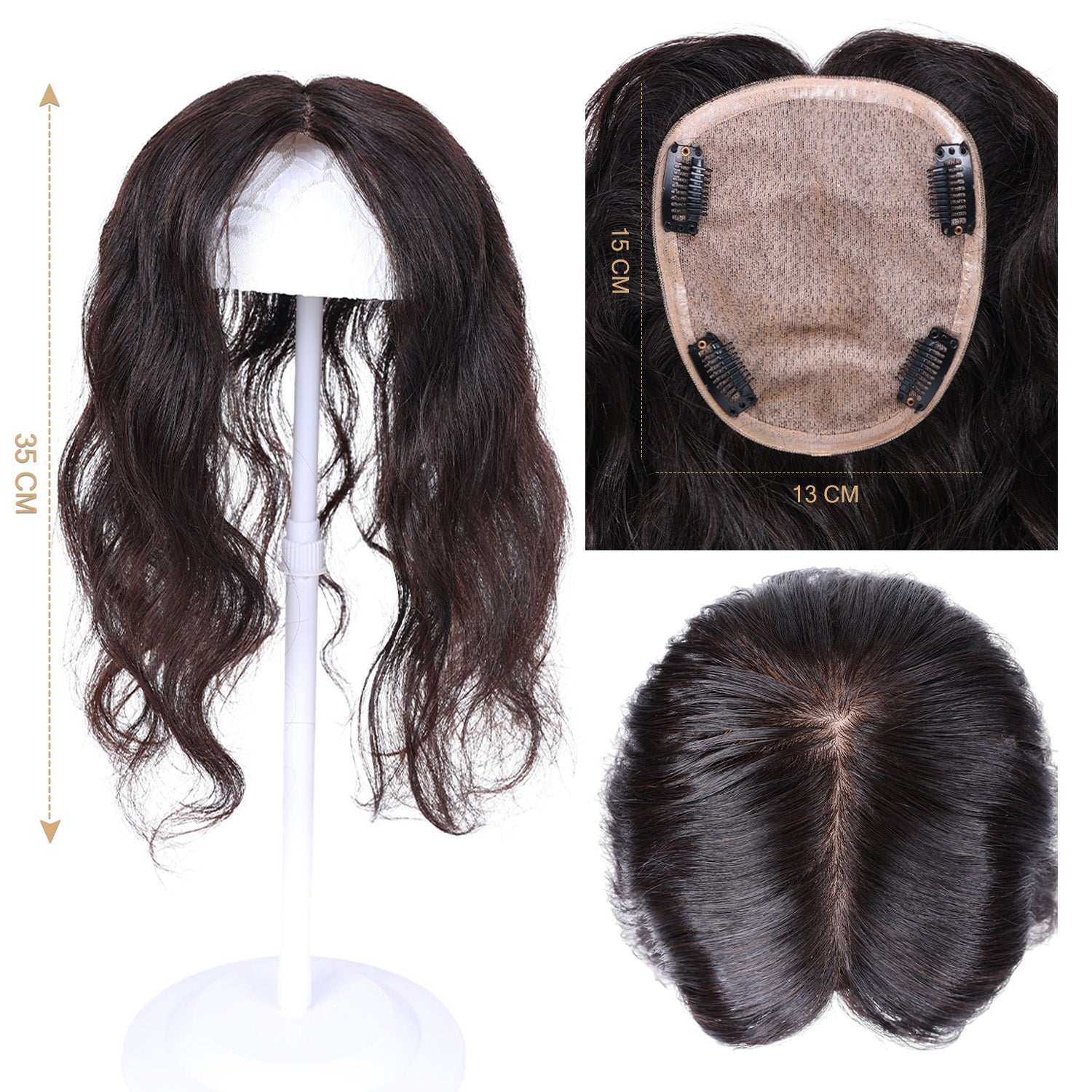 قطعة شعر علوية طبيعية قابلة للتثبيت بمشابك مع قاعدة فروة الرأس - أحجام متعددة، مجعد 
