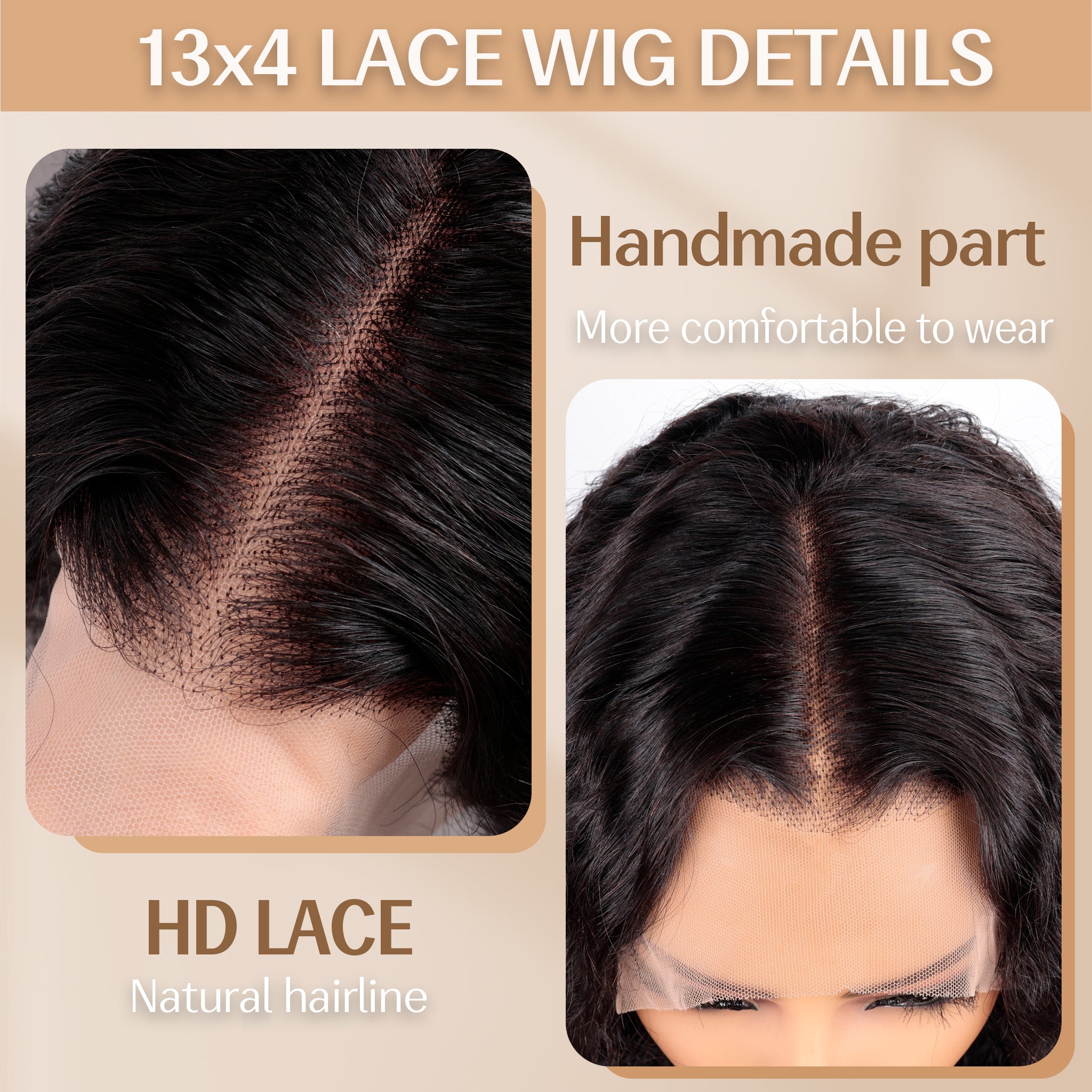 شعر مستعار دانتيل 13x4، شعر مستعار مموج عميق، شعر بشري حقيقي